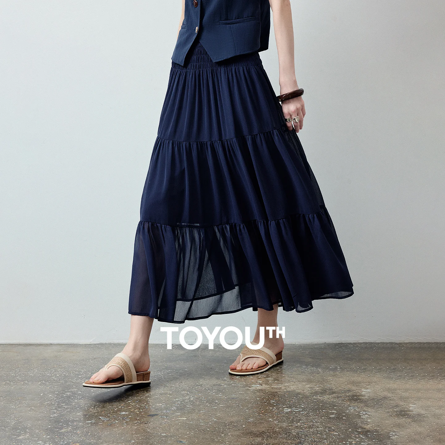 TOYOUTH Women Chiffon Skirt Summer 2026 Textured Navy Blue Elastic Waist Design Sense Cake Skirt Flowy Elegant Feminine Style