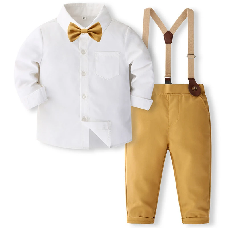 4Piece Spring Autumn Baby Boy Clothes Korean Fashion Gentleman Cotton Long Sleeve Tops+Pants+Tie+straps Children's Sets BC1383-1