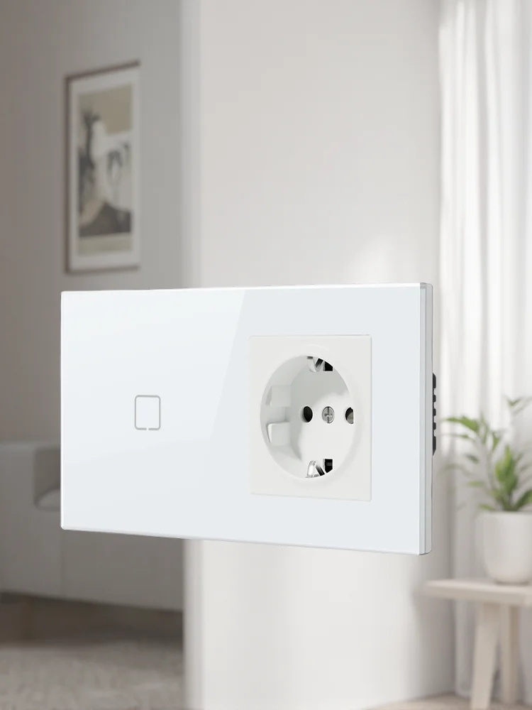 BSEED Zigbee 1-Kanal Touch-Schalter Intelligenter Lichtschalter mit Normaler Steckdose Weißes Glaspanel Gelbe Hintergrundbeleuchtung EU-Standard Tuya App-Steuerung E-Serie