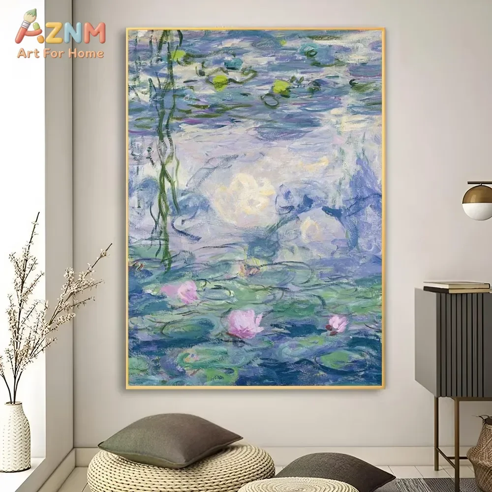 AZNM Claude Monet Water Lilies Canvas Wall Art Impressionist Purple Blue Pond Lotus Classic Famous Oil Painting Print Unframed C