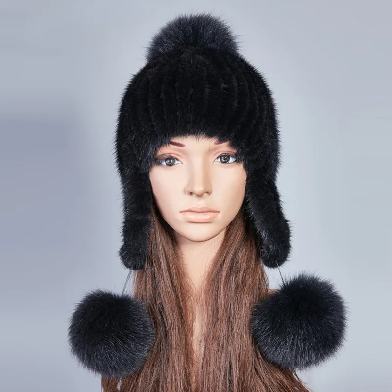 Mink Fur Hat For Women Winter Thickened Woven Ear Protector Caps Natural Mink Fur Hats With Fox Fur Balls Female Black Fur Caps