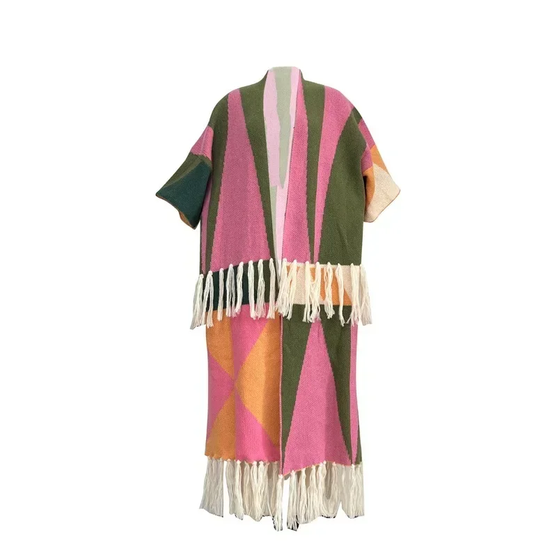 GUWU الخريف الشتاء محبوك سترة سترة عباءة الرأس النساء ملابس خارجية المرقعة شرابة هيم المفتوحة غرزة فضفاضة القوطية معاطف