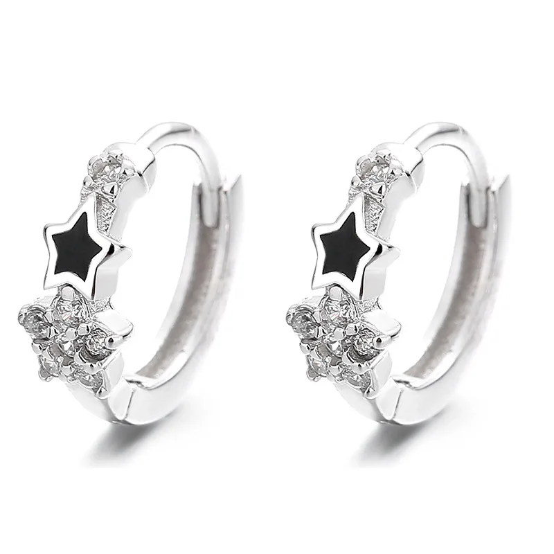 Korean 925 Sterling Silver Crystal Flower Black Star Hoop Earrings For Women 2022 Wedding Party Jewelry Gift Female Pendientes