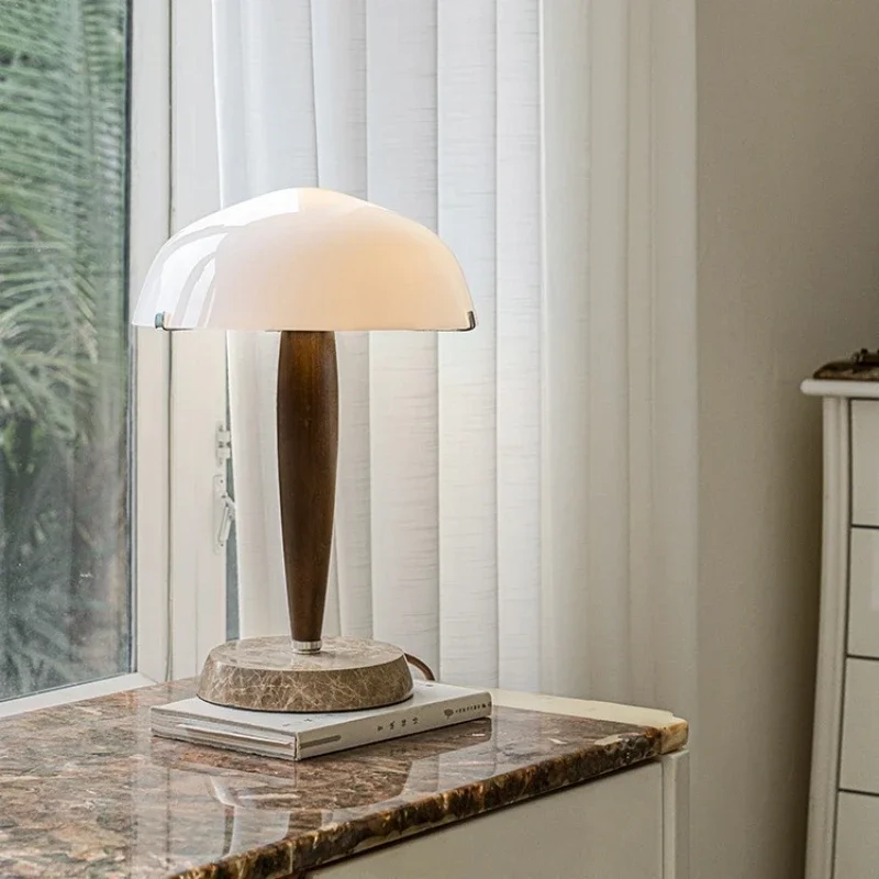 Denmark Walnut Wood Desk Lamp Table Light Marble Base Glass Shade
