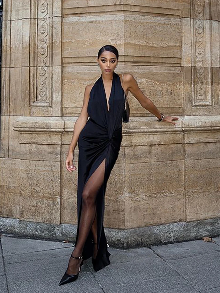 Strano gatto increspato abito con nodo donna halter scollo basso scollatura sexy senza maniche banchetto di mezzanotte festa elegante backless lungo aderente