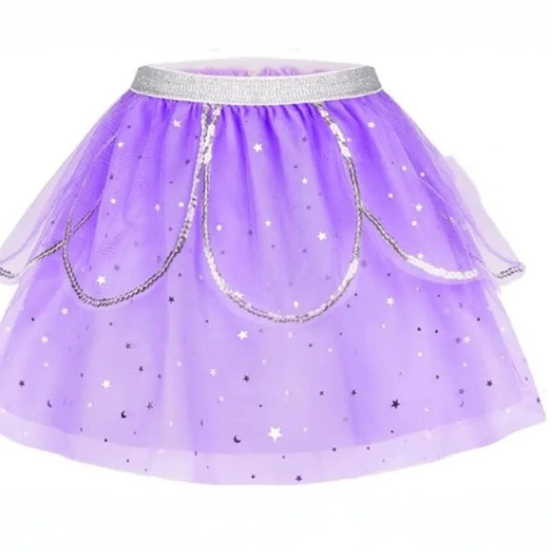 

Little Girls' Purple Princess Puffy Dress Set, Half Skirt with Star, Moon and Snowflake Prints, Elegant Outfit for Kids' Parties
