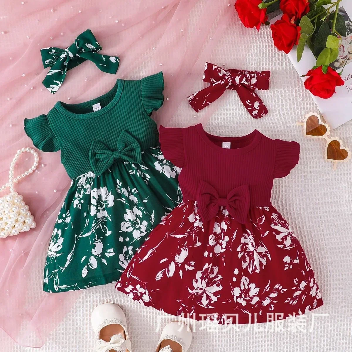 Baby Clothes Class A Summer Female Treasure Flying Sleeve Dress Baby Cute Splicing Skirt + Headscarf Two-piece Set