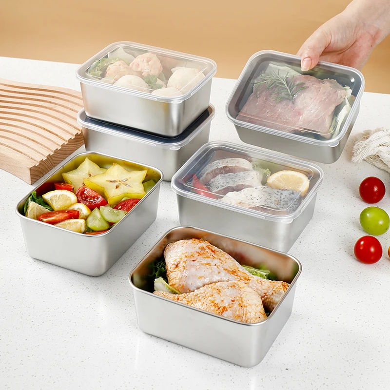 

Stainless Steel Food Fresh-Keeping Storage Box with Visible Lid Refrigerator Crisper Box Container Kitchen Vegetable Organizer