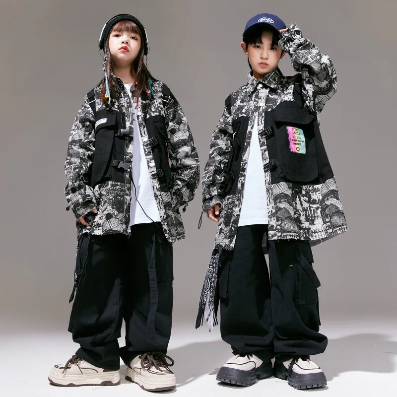 Moda infantil hip hop roupas crianças meninos meninas streetwear solto casual carga jaqueta calças define fatos de treino traje palco