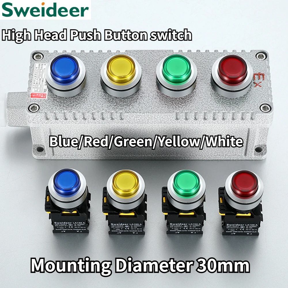 30mm High Head Button Switch with Light Waterproof Momentary Reset Locking Power Button Switch 12V 24V 220V 1NO1NC Panelboard