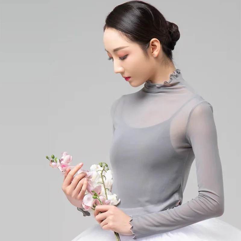 Thu Đông Trắng Đen Xám Thun Lưới Co Giãn Xù Dài Tay Ba Lê Thực Hành Leotard Căn Cứ Áo Vũ Điệu Trưởng Thành Balo Hàng Đầu