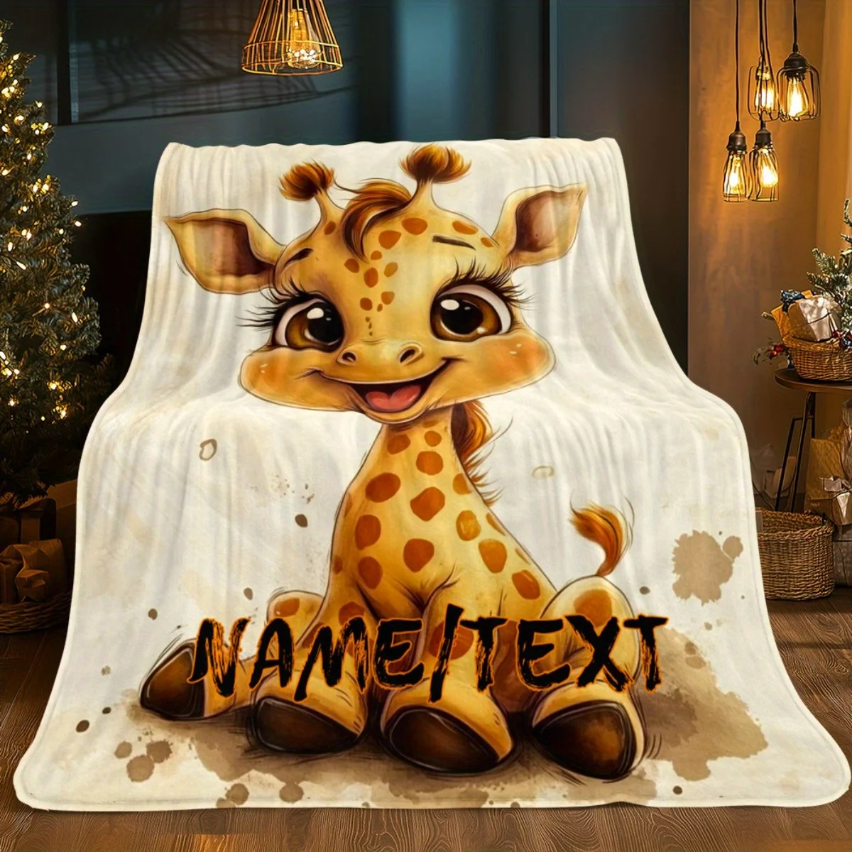 Custom name cartoon giraffe fleece blanket, suitable for sofa, bed, birthday, children, friends, gifts