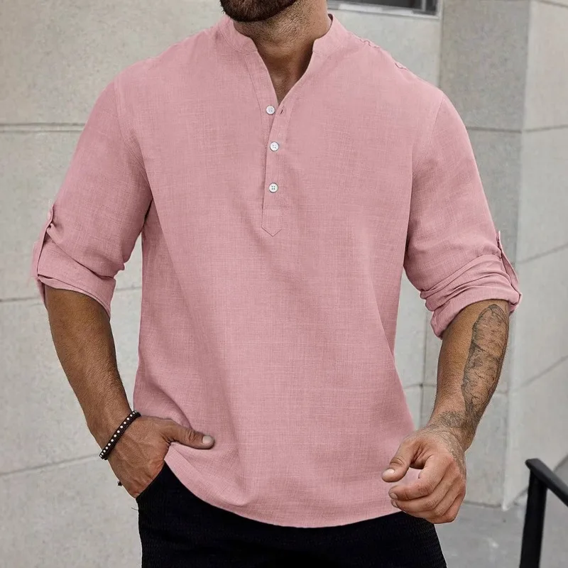 

Men's Summer Casual Short Sleeve Shirt Breathable Lightweight Cotton Blend Lapel Collar Solid Color Button Down Tops Daily Wear