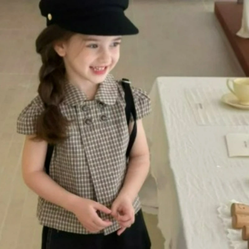 Girls' Short-sleeved Top British Campus Style Checkered Doll Collar Top 2026 Summer New Children's Kids Outfit