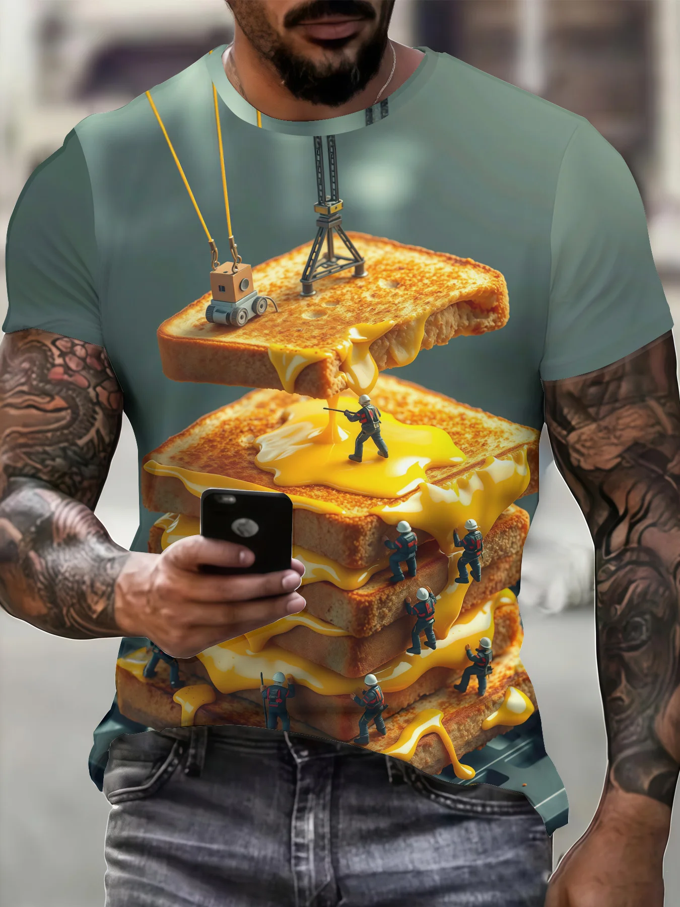 Men's 3D Toast Butter Mini Worker Drilling Rig Print T-Shirt Crew Neck Short Sleeve Funny Food Casual Tee Top