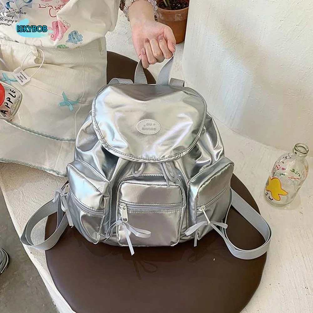 

Стильный корейский рюкзак на шнурке, большой вместимости, в клетку, для женщин, повседневный, школьный, из полиэстера, с откидным верхом, серебристый, из искусственной кожи, для девочек