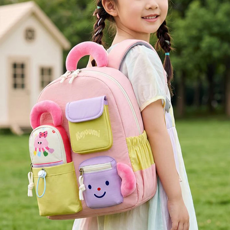 Lovely Cartoon Nylon Kids Backpack Color Block Multi-pocket Lightweight Rucksack Boys Girls Outdoor Travel Versatile School Bag