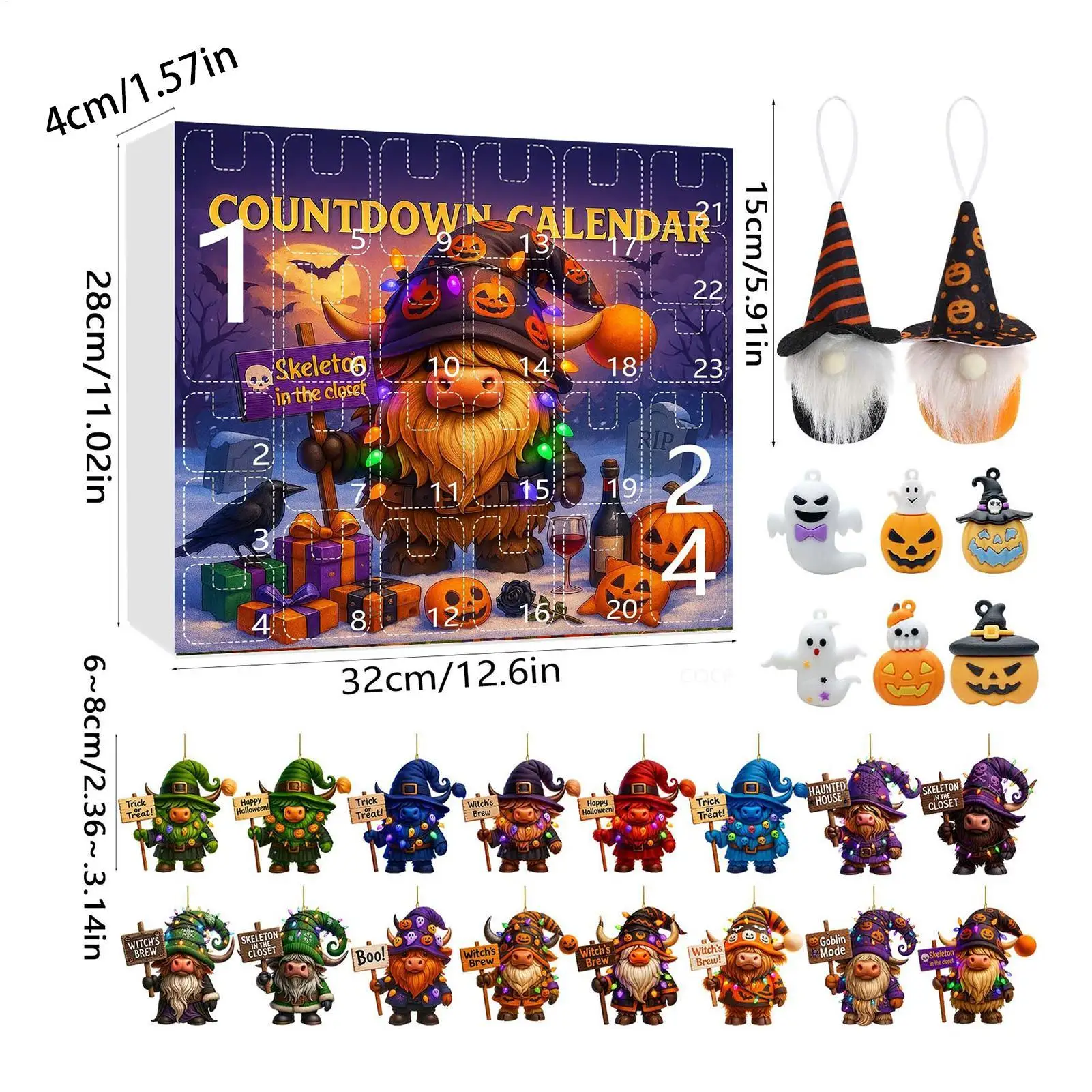 Calendario de cuenta regresiva de gnomo, adorno de gnomo de 24 días, calendario de cuenta regresiva de Halloween, adorno acrílico 2D coleccionable de resina 3D para niños