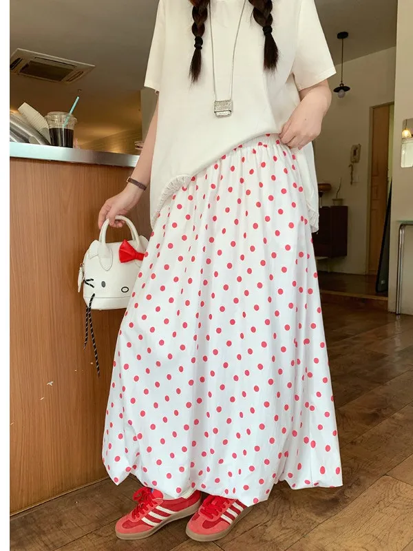 

Новая летняя женская юбка-блумер больших размеров, белая в горошек, с завышенной талией, свободного кроя, средней длины, в корейском стиле, А-силуэт