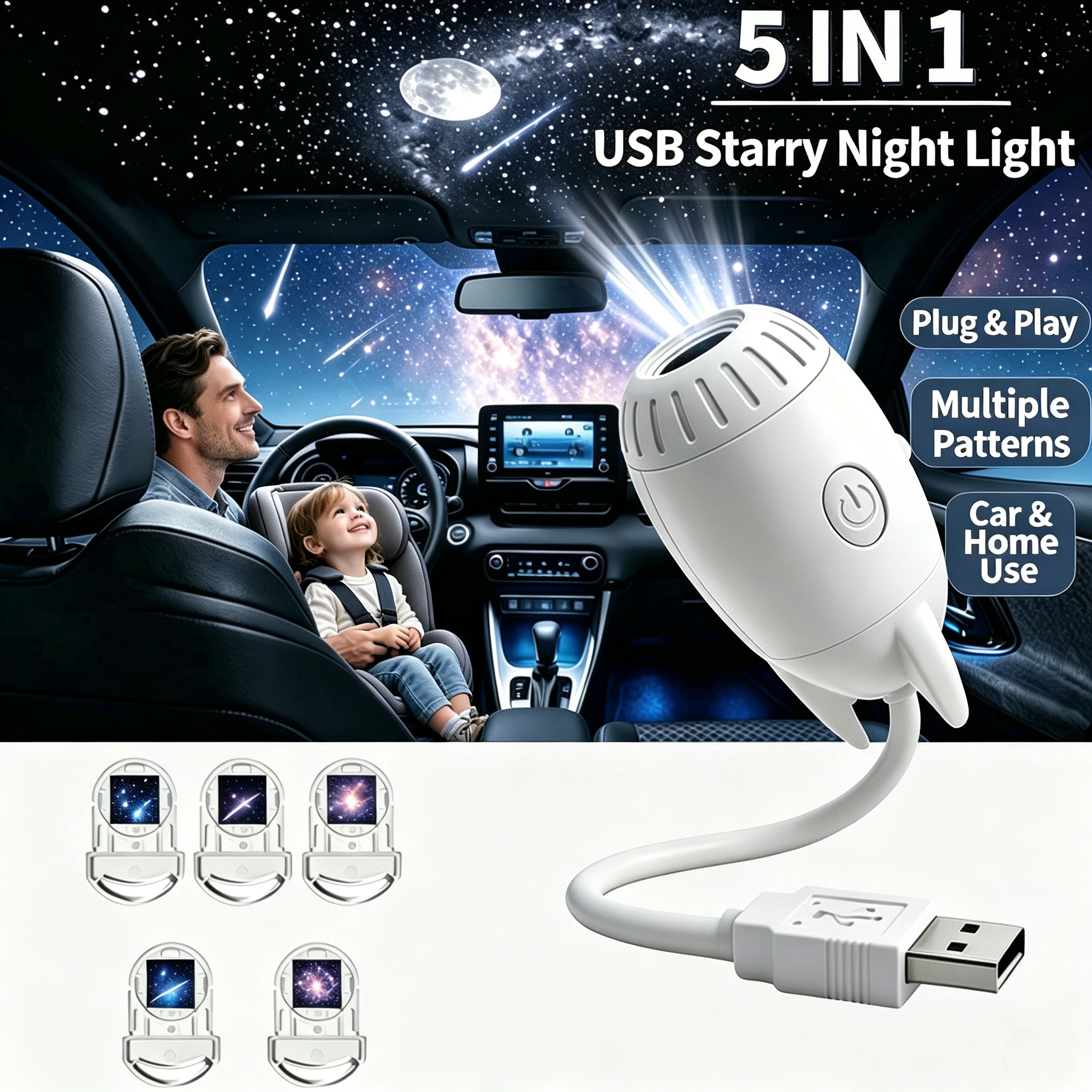 White Car USB Ambient Light Large Range Projection Romantic Atmosphere Multiple Scenes Adjustable Focus Distance 2026 New
