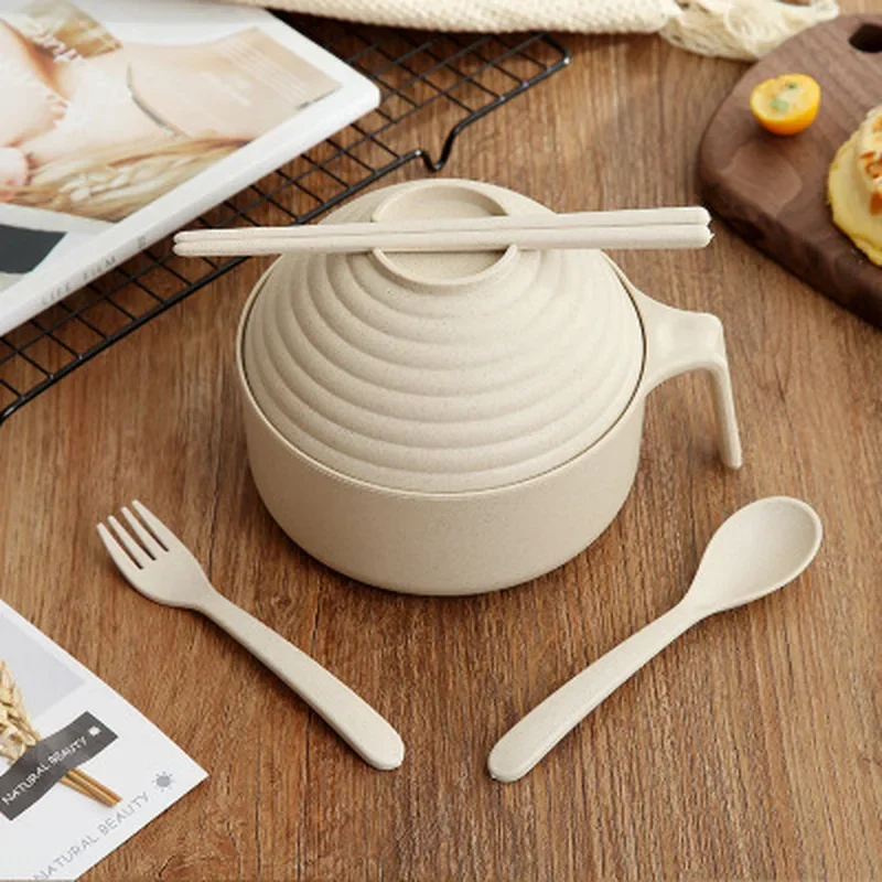 Large Capacity Wheat Straw Rice Bowl Anti Drop Design With Lid Complete Tableware Set Portable Soaked Noodle Bowl Home Dormitory view 5