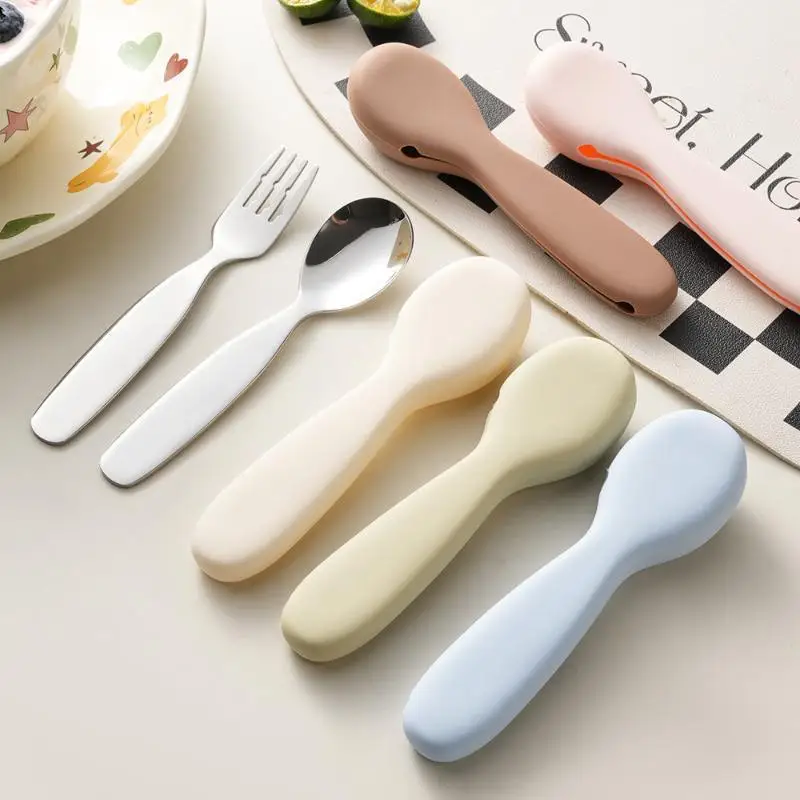 NEW Stainless Steel Toddler Spoon And Fork Set BPA Free Silicone Storage Cases For Kids Self Feeding Home Travel Use