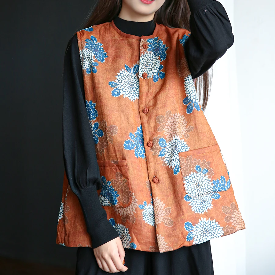 レトロな芸術的なファイオンプリントの亜麻ベスト、女性用冬用コットン裏地付き暖かいアウターウェア、重ね着に最適、トレンディなシングルボタン留め