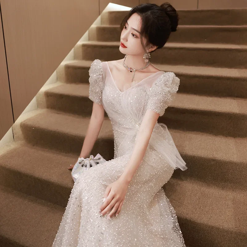 

Mermaid Sequin Evening Dresses Women's French Banquet Birthday Prom Gown Light Luxury V-neck Puff Sleeve Wedding Party Dress