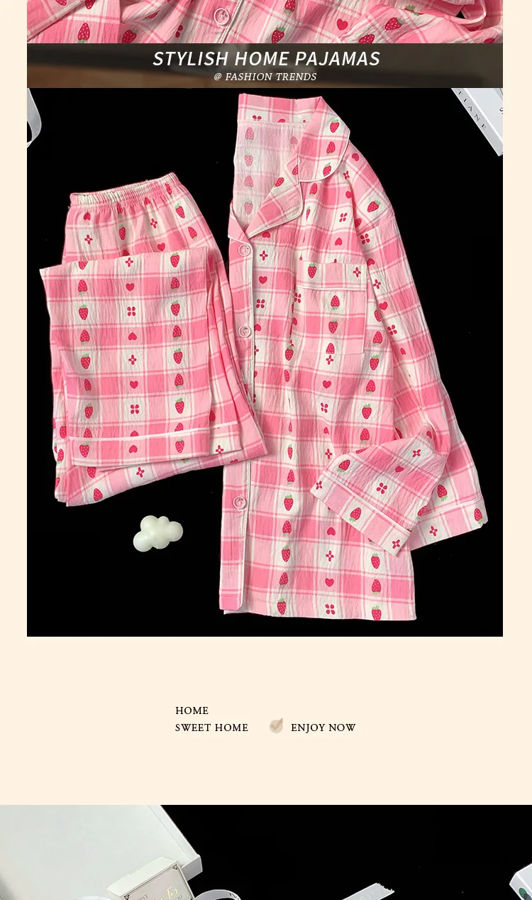 Erdbeer-Pyjama für Damen, langärmelig, Loungewear, Nachtwäsche in Übergröße, Damen-Nachtwäsche, kariertes, gestreiftes, herzförmiges Muster – Detail 5