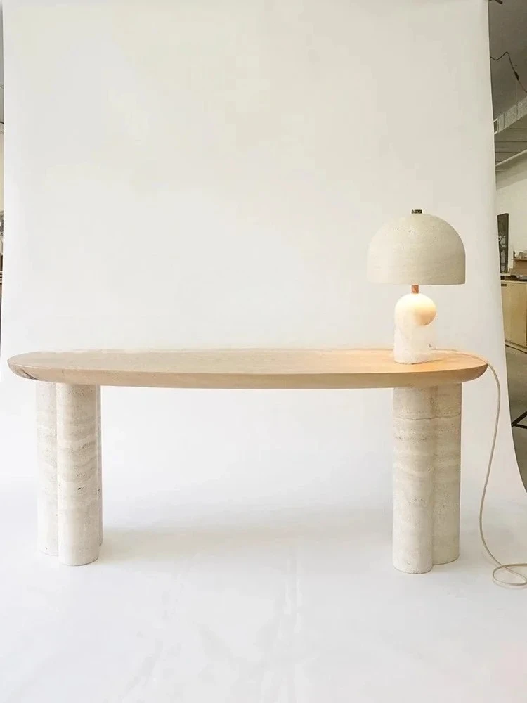 

Natural travertine desk, wabi-sabi wind, book desk large marble oval computer desk