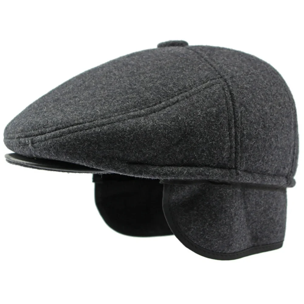 HT4287 Thick Warm Winter Caps for Men Solid Black Grey   Flat Cap Male 5 Panels Beret Hat with Ear Flaps Beret Caps