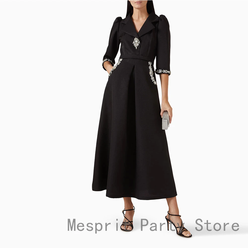 Maßgeschneidertes Saudi-arabisches Abendkleid mit 3/4-Ärmeln, A-Linie, Abendkleid, Perlenstickerei, Hochzeits-Party-Kleider