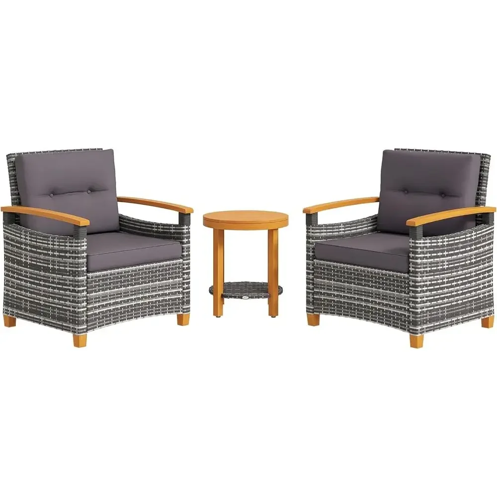 Gray Wicker Outdoor Bistro Set with Acacia Wood Coffee Table and Chairs for Patio, Balcony, Garden