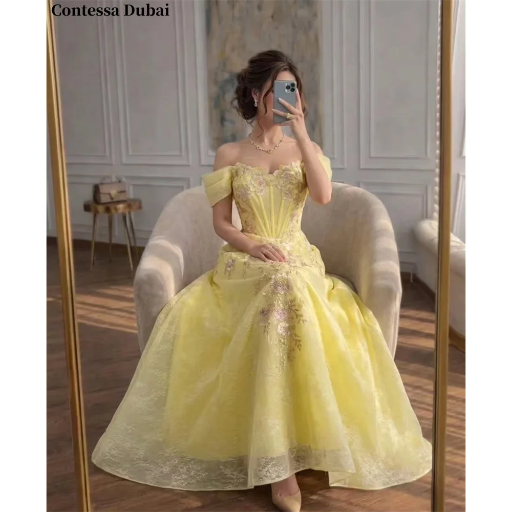Contessa Custom Sequinned Appliques Prom Dresses Off Shoulder Puff Sleeve Vestidos De Noche High Waist A-Line Formal Evening