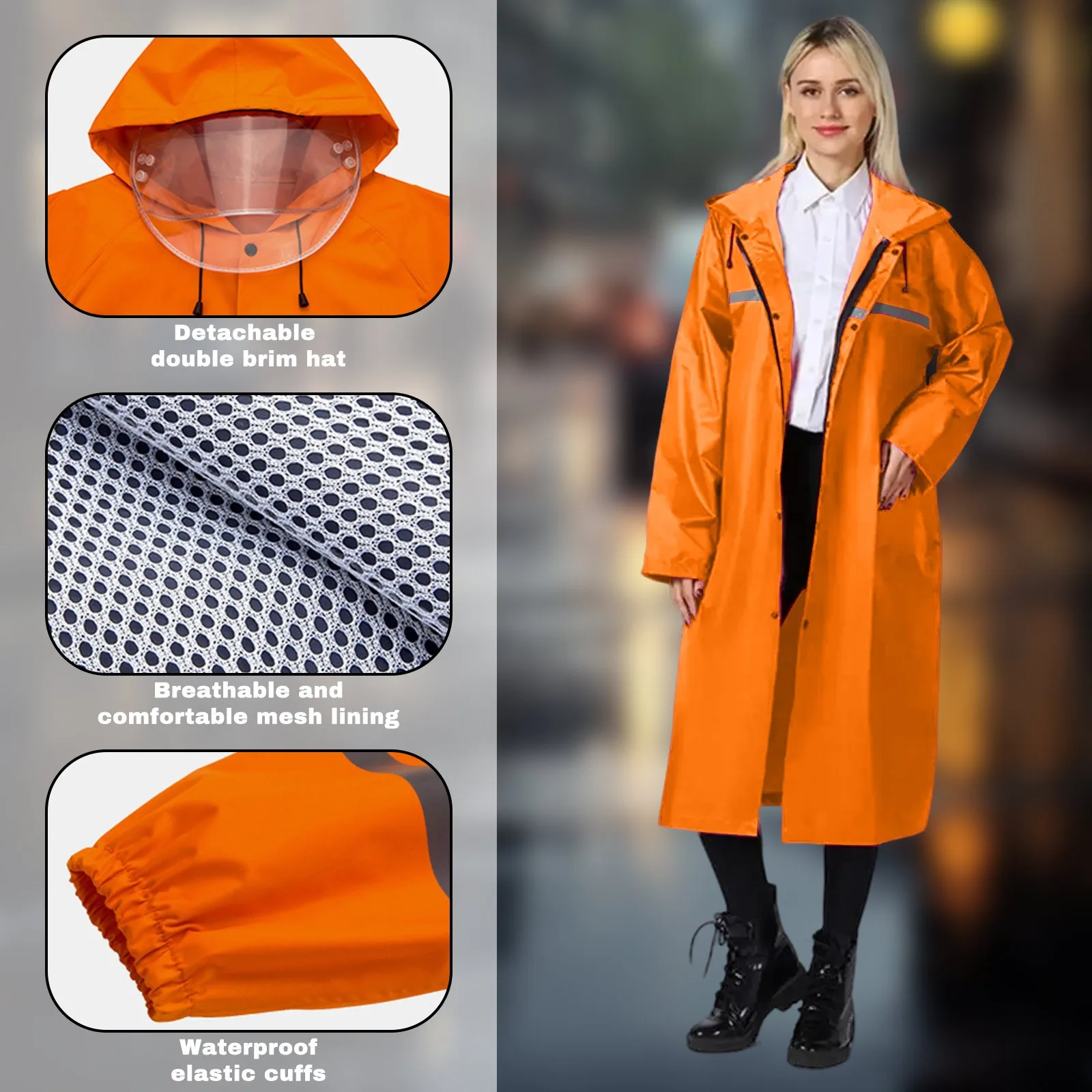 

Raincoat Solid Color Long Reflective Double-Layer Upgraded Full-Length Buttons Zipper Raincoat Adjustable Hood Reflective Strips