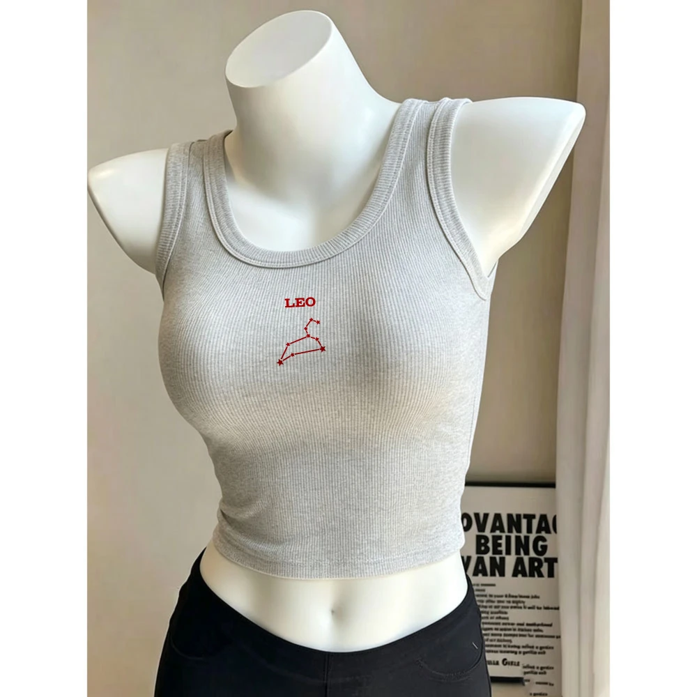 Leo Constellation Star Map Letter Print Camisole Ribbed Tank Top Crop Y2k Top Female U Neck Tight Cropped Vest Zodiac Sign Tees