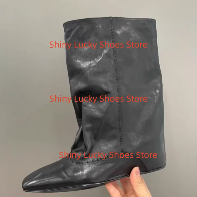 

Pleated Shoes for Women Square Toes Flat Heels Sewing Lines Ladies Stitching Chassure Femme Solid Female Mid Calf Boots Pu Mujer