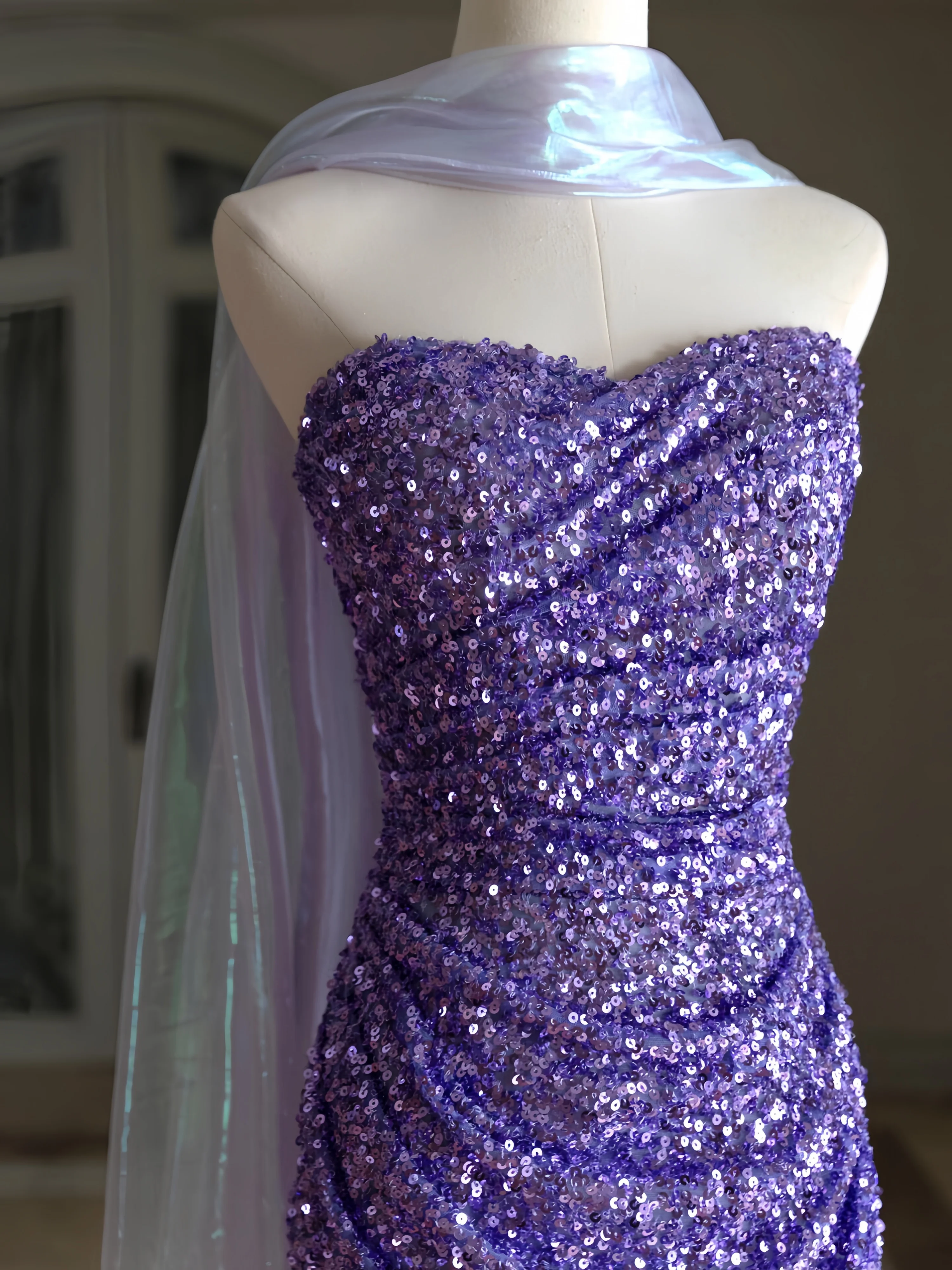 Elegante roxo vestido de baile cintura alta sem alças sem mangas lantejoulas sem costas decote coração ocasião especial vestido de noite