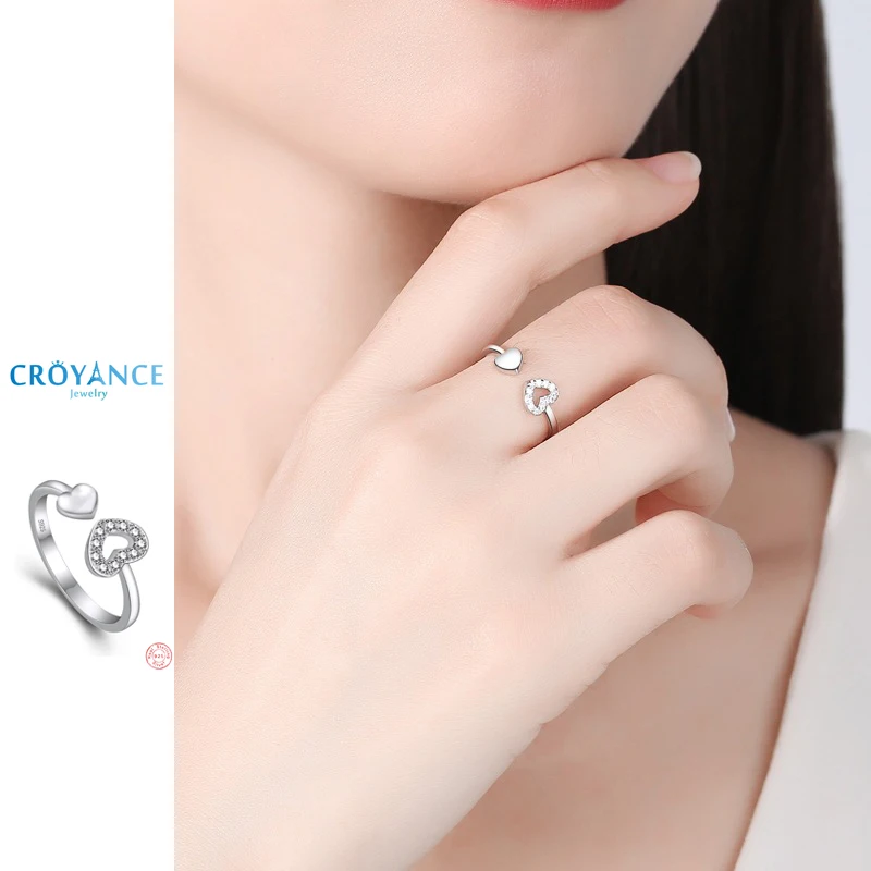 925 Sterling Silver Fashion Double Heart Rhinestone Adjustable Open Ring Women's Jewelry Birthday Gift Shiny Zircon Finger Ring