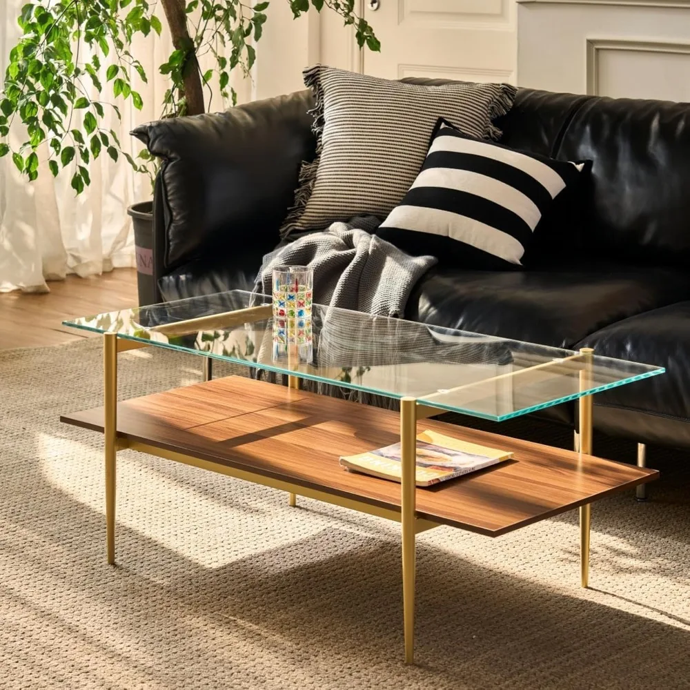 

Saint Mossi Tadio Glass Coffee Table, Clear Double Layer Glass Coffee Table for Living Room, Clear Glass & Coffee Brown Bottom S