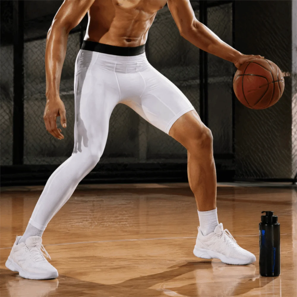 2pcs White Men's One Leg Compression Pants Polyester Spandex High Stretch Compression Legging Side Pocket Asymmetrical One Leg