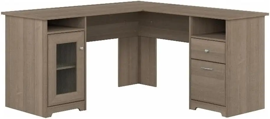 Shaped Computer Desk in Ash Gray | Corner Table with Drawers for Home Office