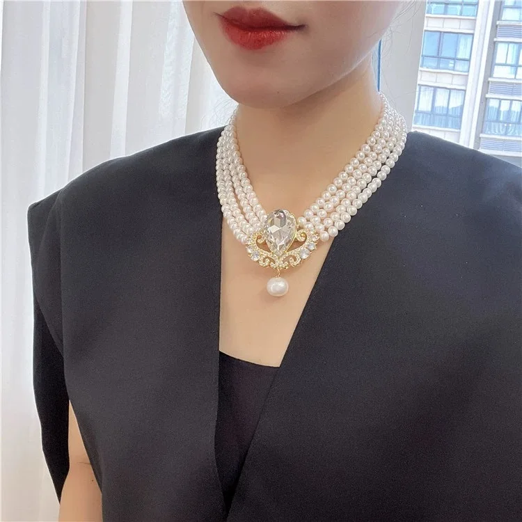 4 Strands White Cultural Pearl Cz Pave Pendant Necklace Necklaces Jewelry Women