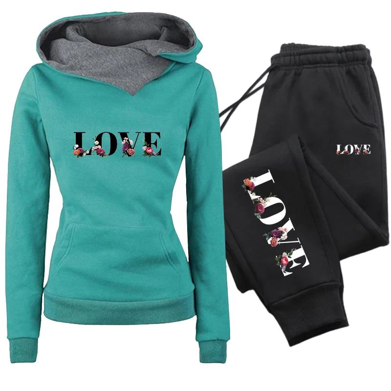 Hochwertiger Damen-Trainingsanzug mit Liebesdruck, lässiger Kapuzenpullover, Sweatshirts, Outdoor-Sport-Joggingkleidung, Herbst-Winter-Mode, Sportbekleidung – Detail 5