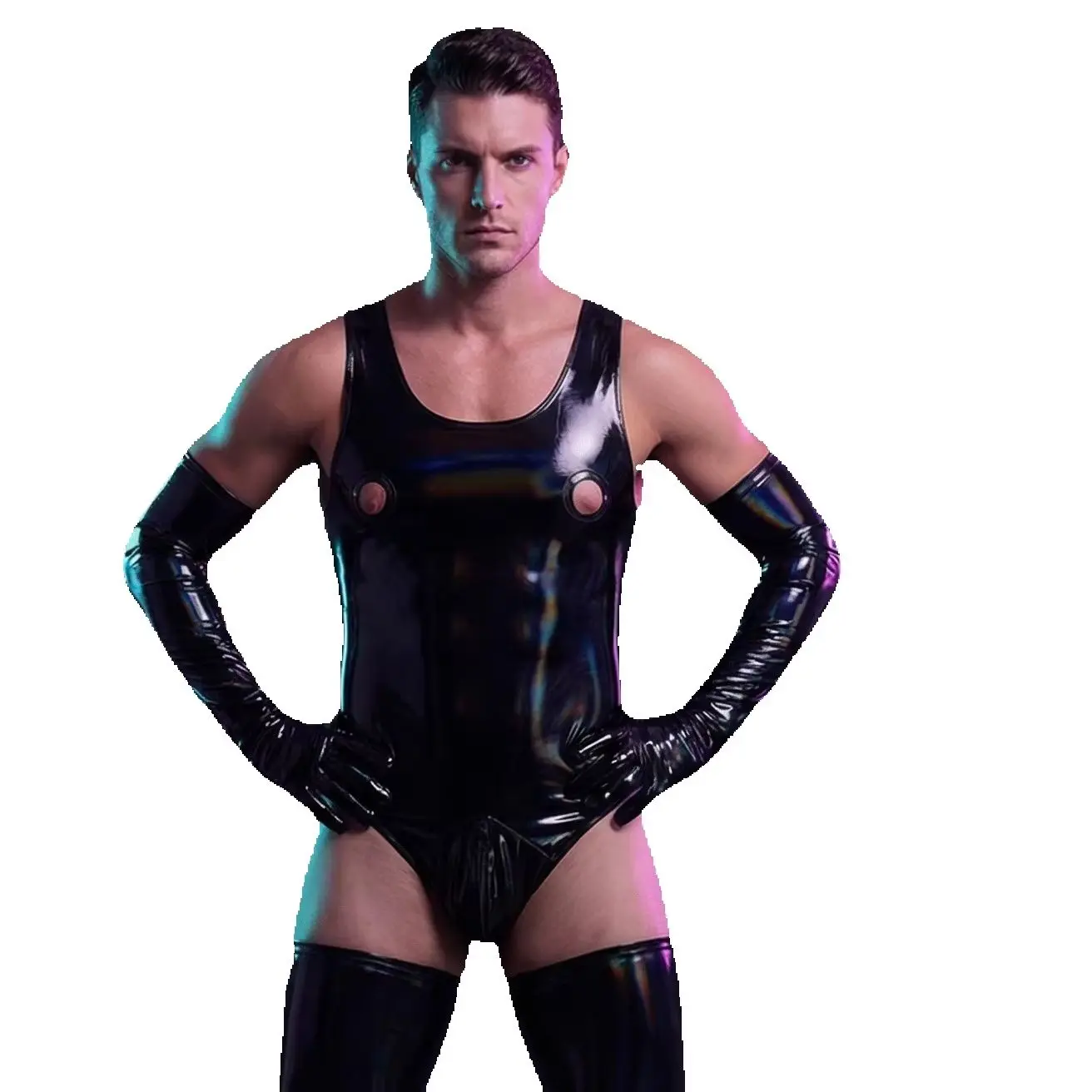 

Double Sided PU Leather Reversible Bodysuit Faux Latex One-Piece Vest Waistcoat Hollow Out Open Zip Crotch S-3XL Two-Sided Wear