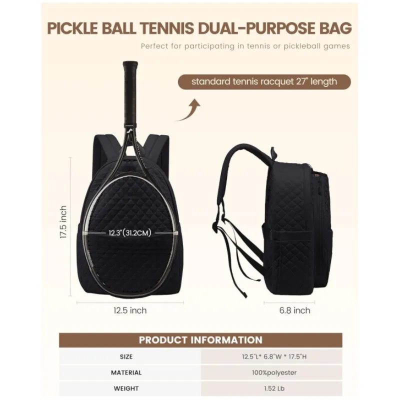 Quilted Tennis Backpack for Women Casual Stylish Tennis Racket Bag Can Fit 2 Tennis Rackets Ladies Sports Pickleball Backpack