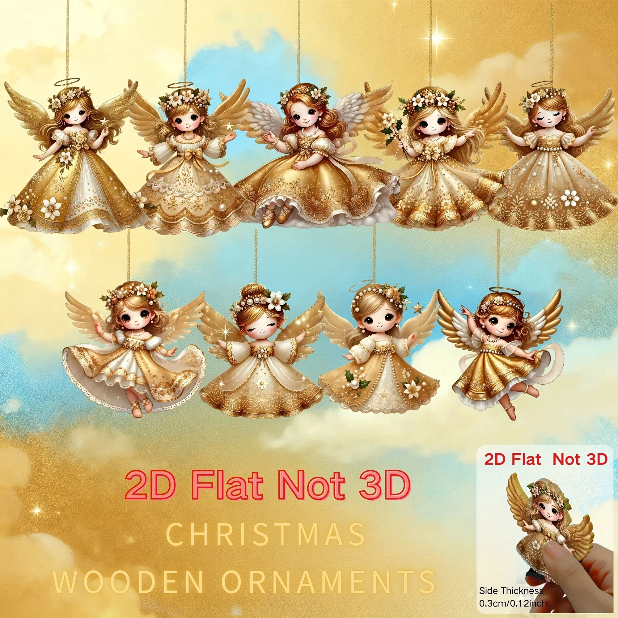 12 قطعة من الحلي المعلقة لعيد الميلاد ثنائية الأبعاد من الملائكة الذهبية الصغيرة لتزيين العطلة صندوق هدايا ديكور شجرة عيد الميلاد