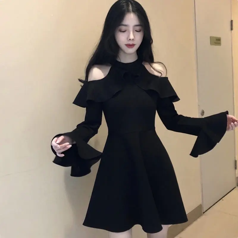 First Love Dress Off-the-shoulder Dress Careful Long-sleeved Dress Slimming Hepburn Chic Little Black Skirt