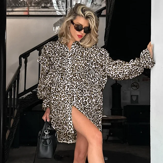 섹시한 레오파드 프린트 루즈핏 여성용 스탠드 칼라 벨 슬리브 출퇴근용 롱 슬리브 미디 길이 패셔너블 탑 여성용
