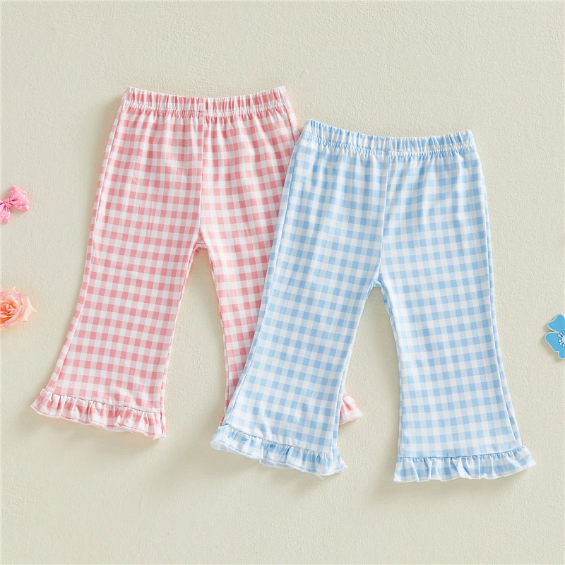 2026 Fashion Toddler Baby Girls Flare Pants Plaid Print Elastic Waist Ruffle Trim Decor Spring Trousers Kids Casual Pants
